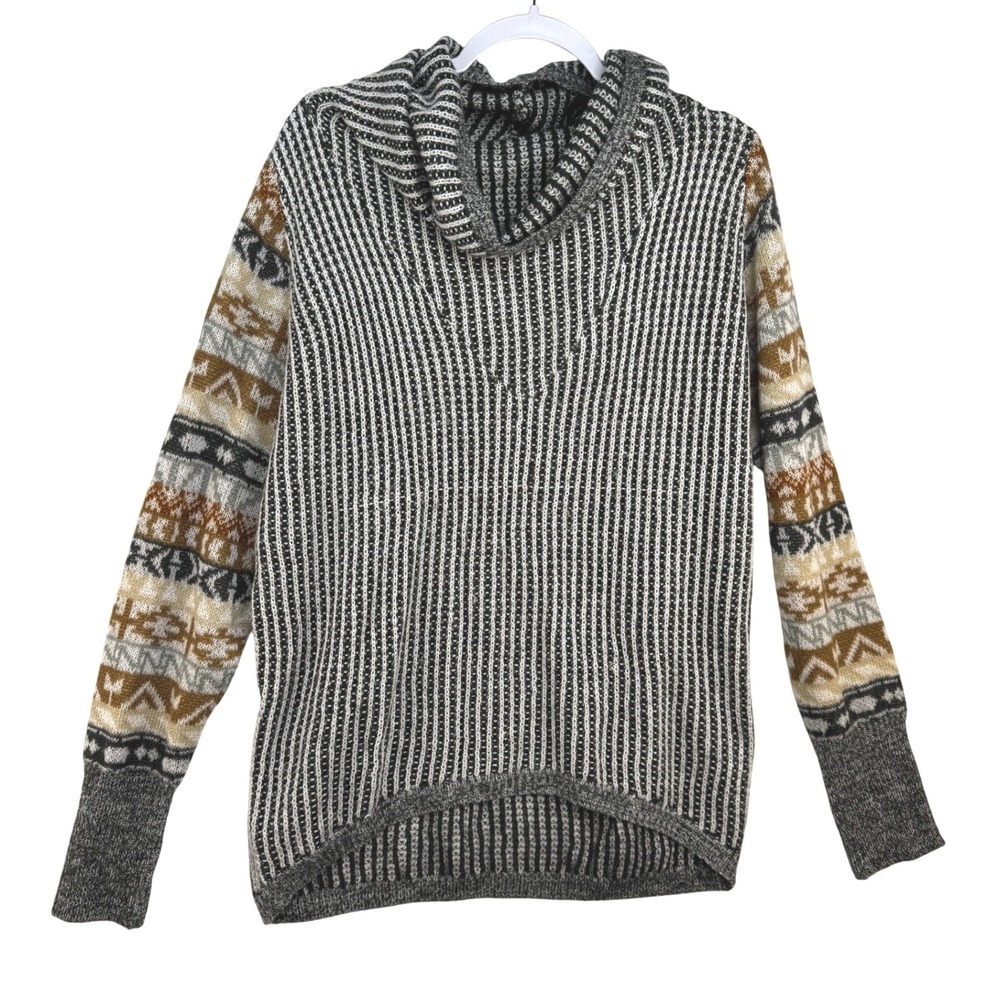 BKE Womens Cowl Neck Sweater Gray Southwestern Sleeve Ribbed High Low Size M